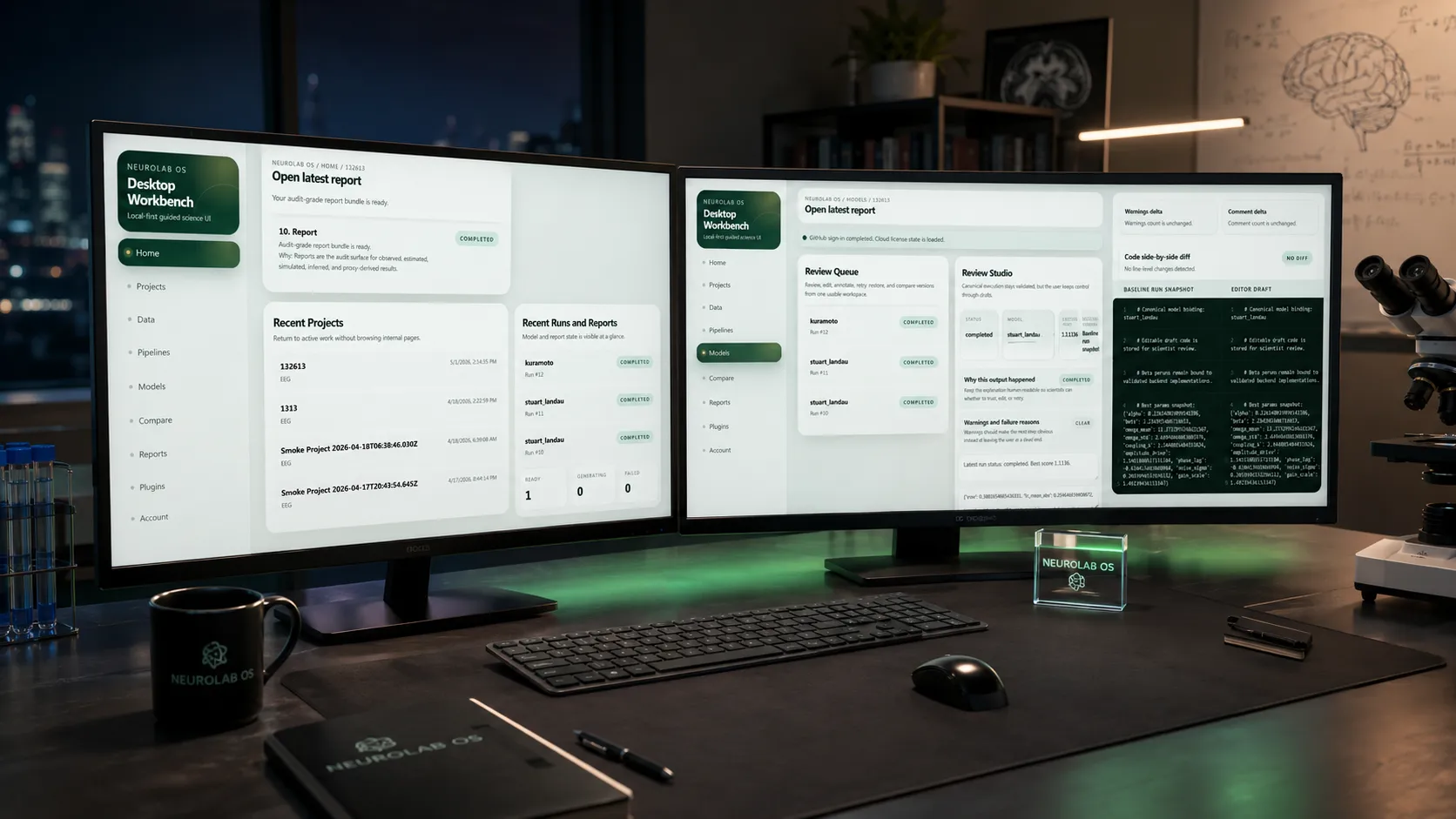A dark neuroscience research workstation running NeuroLab OS on two monitors.