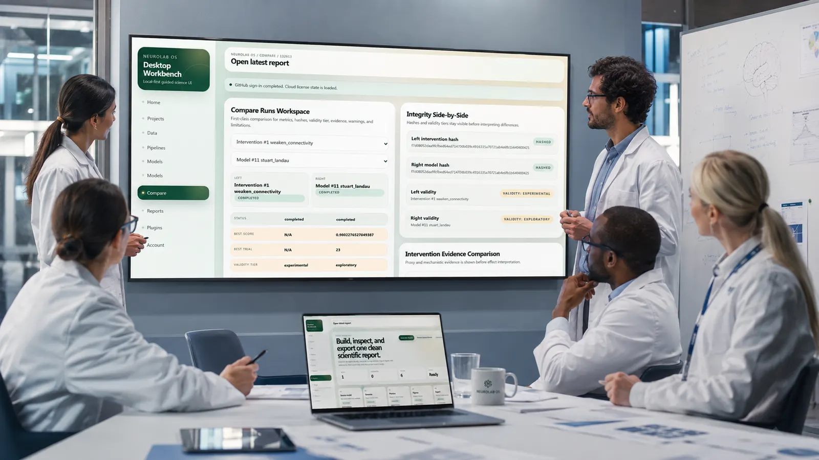 Researchers reviewing compare-run evidence in NeuroLab OS during a laboratory meeting.