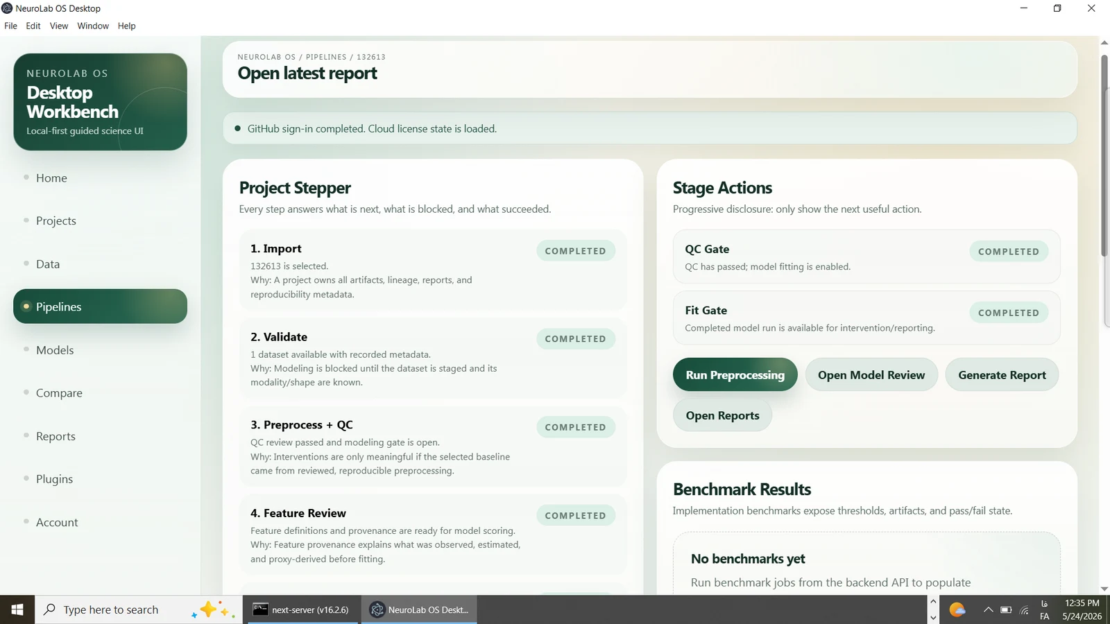 Model Review Studio screen in NeuroLab OS.