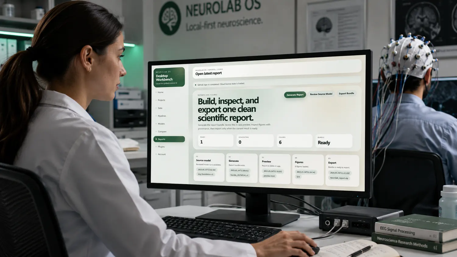 A researcher using NeuroLab OS during a controlled neural time-series recording session.